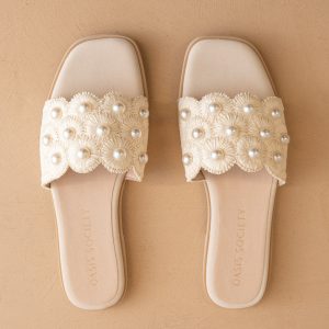The Cathleen | Ivory White Pearl Raffia Wedding Slide Sandal