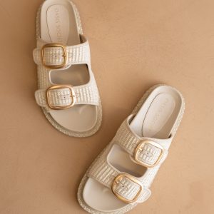 The Daytona | Ivory a Two-Tone Raffia Gold Buckle Sandal