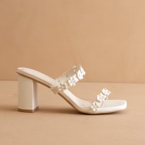 The Feliza | White Floral Raffia Block Heel Bridal Sandal