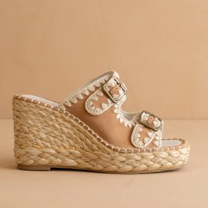 The Rae | Camel Embroidered Espadrille Wedges With Double Buckle Straps *FINAL SALE*
