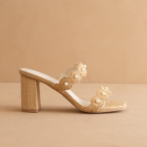 The Helena | Natural Raffia Resort Block Heel Sandal with Pearl Details