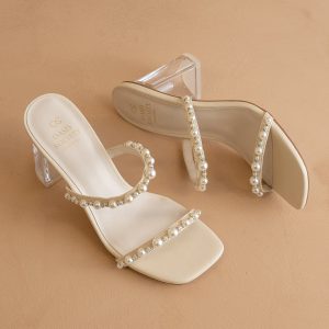 The Mae | Beige Wedding Pearl Detail Clear Block Heel
