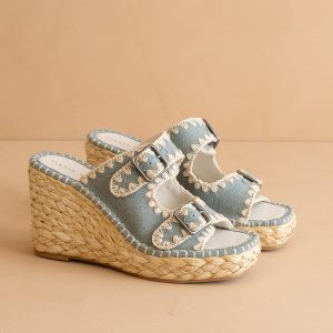 The Rae | Slate Blue Embroidered Espadrille Wedges With Double Buckle Straps *FINAL SALE*