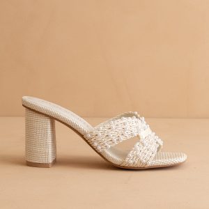 The Tiara | White Pearl Embroidered Raffia Block Heel